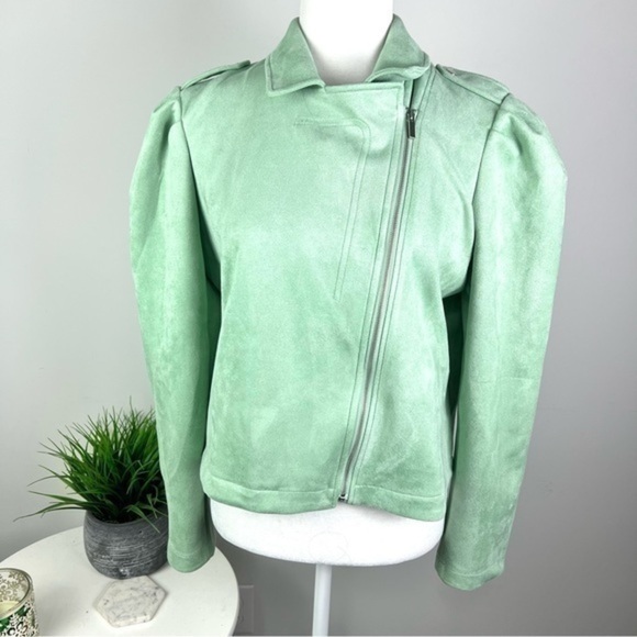LC Lauren Conrad Moto Jacket womens size medium green zip up puff sleeve - Picture 2 of 12